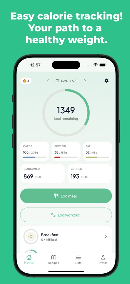 PortionGo’s daily view with meals, calories and nutrients.