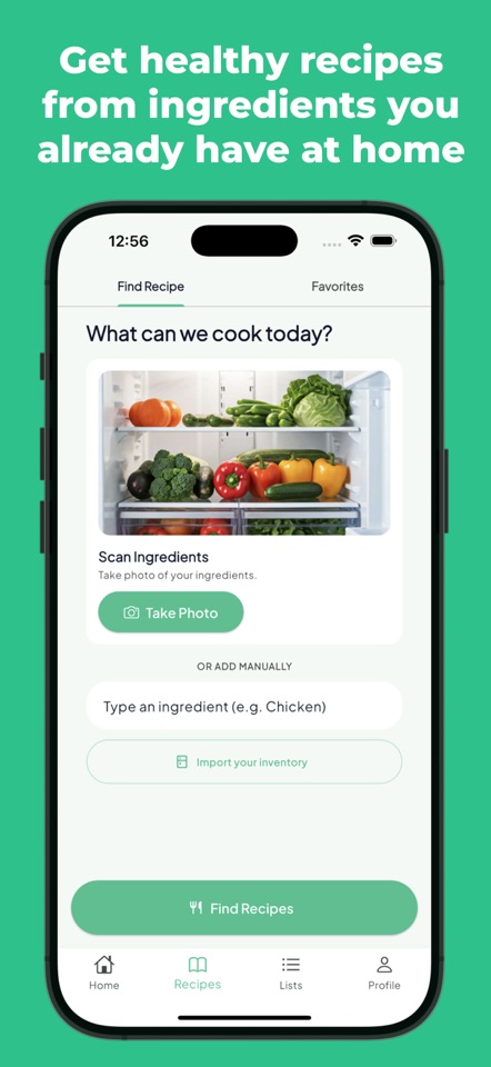 PortionGo’s recipe view, where you can photograph ingredients or enter them to find recipes.